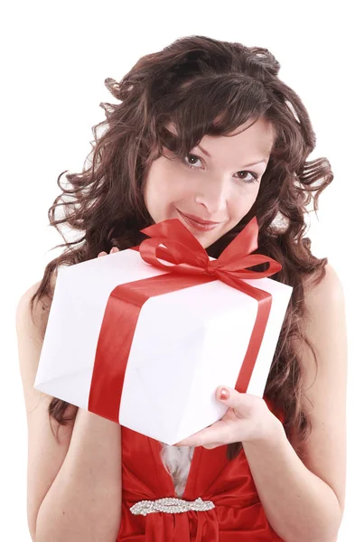 Bild av glada Santa hjälpare flicka med presentförpackning — Stockfoto