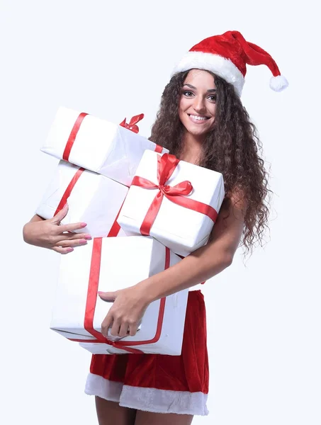 Mujer atractiva emocionada con muchas cajas de regalo y bolsas . — Foto de Stock