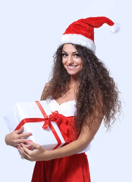 Muito bonito santa claus menina com caixa de presente — Fotografia de Stock