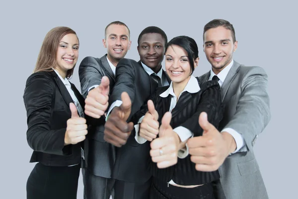 Concetto vincente e di successo - team di business felice che mostra i pollici — Foto Stock