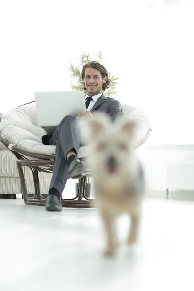 Homme d'affaires réussi avec ordinateur portable assis dans un grand armchai confortable — Photo