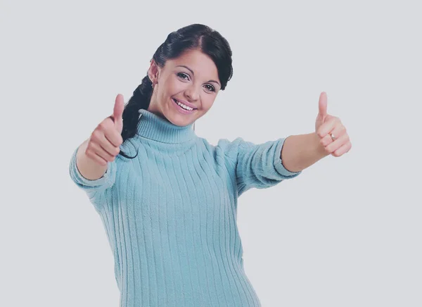 Thumb up. Smiling woman isolated white background — Stock Photo, Image