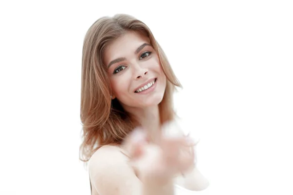 Close-up retrato de uma jovem mulher sorridente com maquiagem leve . — Fotografia de Stock