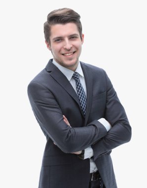 Kendine güvenen işadamı kameraya bakıyor.
