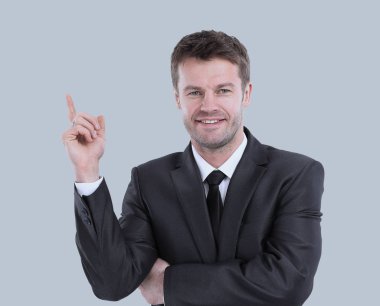 Yakışıklı genç iş adamı kopya alanı gösterilen