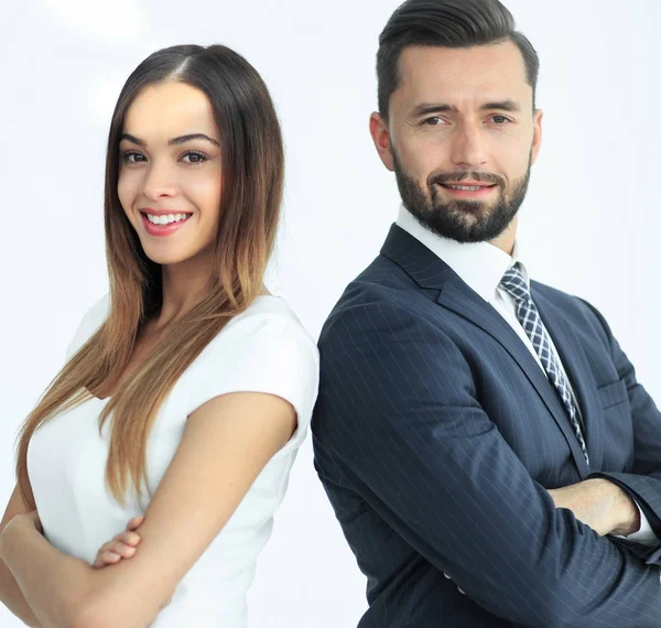 Retrato de gente de negocios espalda con espalda contra fondo blanco — Foto de Stock