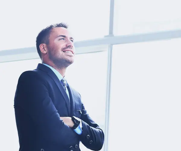 happy joyful businessman looking to the future