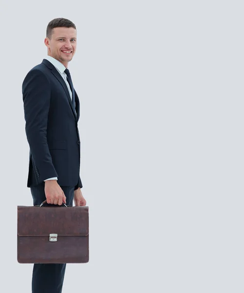 Üzletember bőrönddel elszigetelt fehér background — Stock Fotó