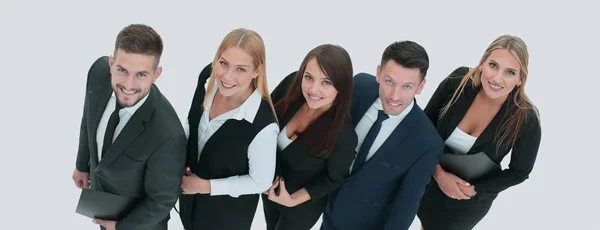 Pålitliga och professionella business team leende och tittar upp — Stockfoto