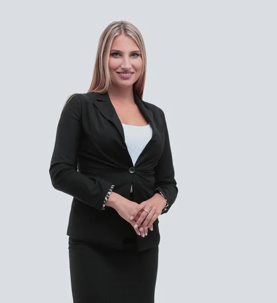 Retrato de joven feliz sonriente mujer de negocios en traje aislado un — Foto de Stock