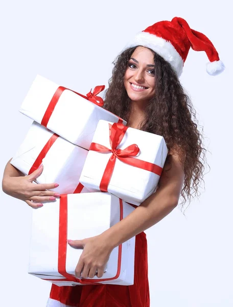 Donna attraente eccitata con molte scatole regalo e borse . — Foto Stock