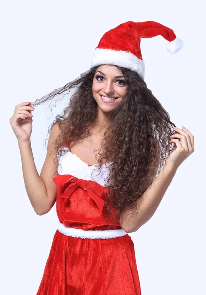 Piękna szczęśliwa kobieta w stroju Świętego Mikołaja — Zdjęcie stockowe