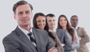 Zarif ortak çalışanlar üzerinde beyaz artalan izole kamera bakıyor