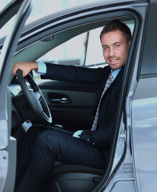 Young businessman sitting in the car