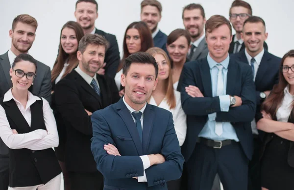 Large group of excited business people. Isolated on white