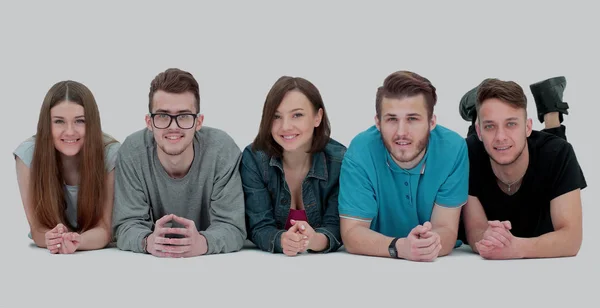 Erfolgskonzept - glückliches Studententeam auf weißem Poster-Klo — Stockfoto
