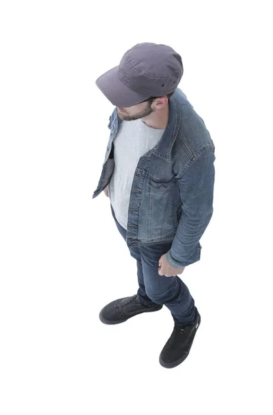 Visa från ovan. killen i en baseball cap och denim jacka — Stockfoto