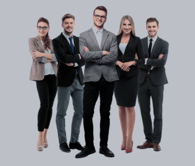 Bir grup gülümseyen iş adamı. Beyaz arkaplan üzerinde izole edilmiş