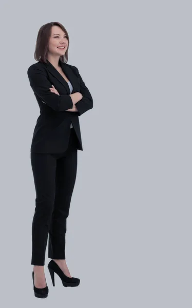 Obchodní žena stojí profil s bílou stěnu pozadí — Stock fotografie