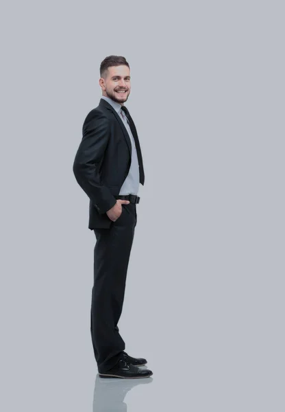 Vista lateral de um empresário sorridente, Em fundo branco — Fotografia de Stock