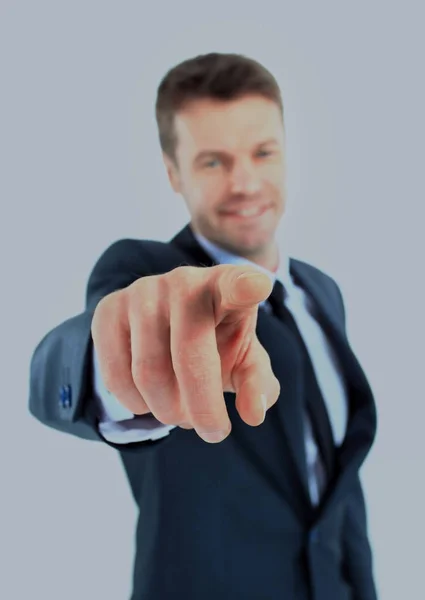 Hombre de negocios inteligente que muestra con espacio de copia para su texto aislado sobre fondo blanco — Foto de Stock