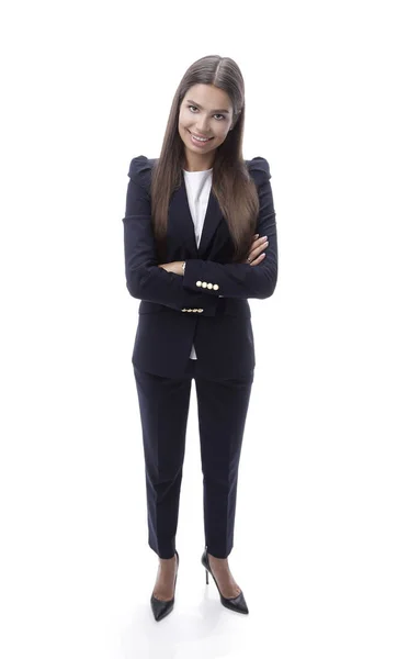 En pleno crecimiento. sonriente mujer de negocios de pie — Foto de Stock