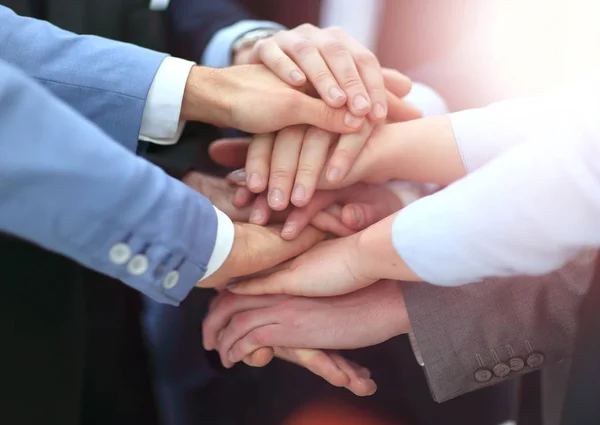 Equipo creativo poniendo sus manos juntas en círculo — Foto de Stock