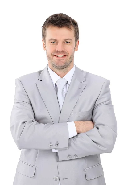 Πορτρέτο του νεαρός επιχειρηματίας με ένα γκρι κοστούμι. — Φωτογραφία Αρχείου
