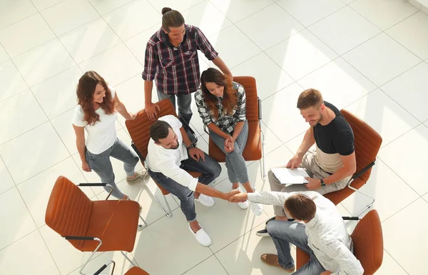 View from the top.a handshake with colleagues — Stock Photo, Image