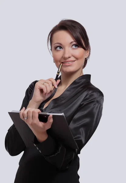 Leende business kvinna håller en mapp. — Stockfoto