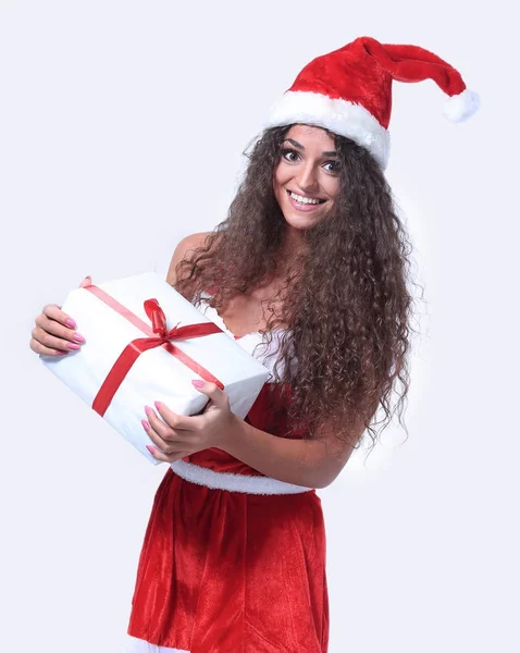 Mycket vacker jultomten flicka med presentask — Stockfoto