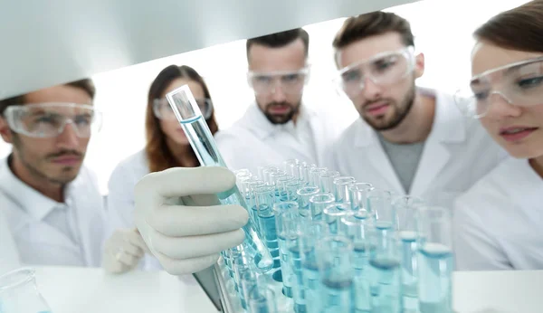 Background image is a group of microbiologists studying the liquid in the glass tube. — Stock Photo, Image
