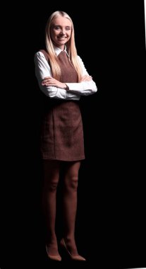 başarılı genç iş kadını. Karanlıkta izole. tam büyüme içinde fotoğraf