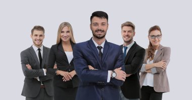 Bir grup gülümseyen iş adamı. Beyaz arkaplan üzerinde izole edilmiş