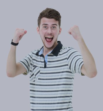 Gri arka plan üzerine kaldırdı kollarını ile adam tezahürat.