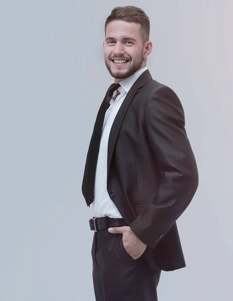 Full length smiling business man looking at camera and standing — Stock Photo, Image