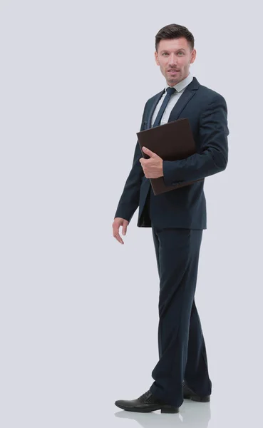 Vista lateral de um empresário sorridente, Em fundo branco — Fotografia de Stock