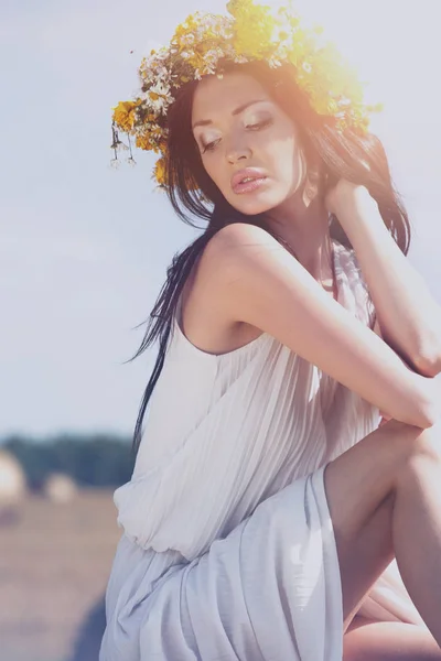 Mulher com beleza cabelo castanho longo posando em um campo — Fotografia de Stock