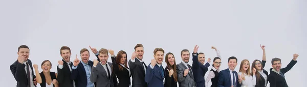 Sonrientes personas de negocios de pie juntos en la línea en un moderno de — Foto de Stock