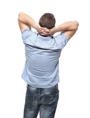 arka görüş. erkek baş ve seyir ileri eller ile