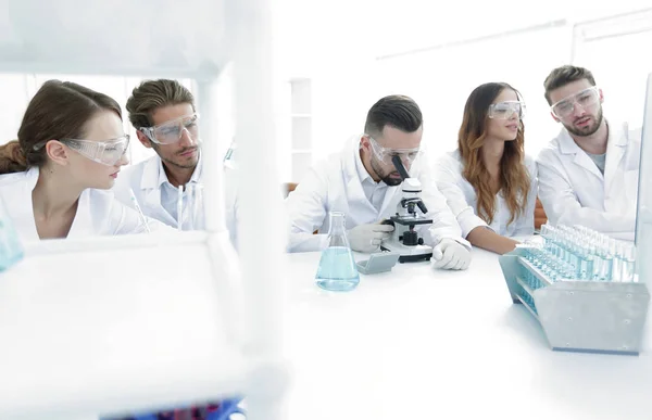 Immagine di sfondo è un gruppo di scienziati che lavorano in laboratorio . — Foto Stock