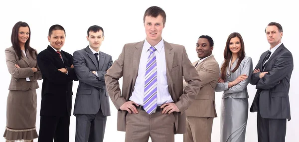 Alto-falante em pé na frente de sua equipe de negócios — Fotografia de Stock