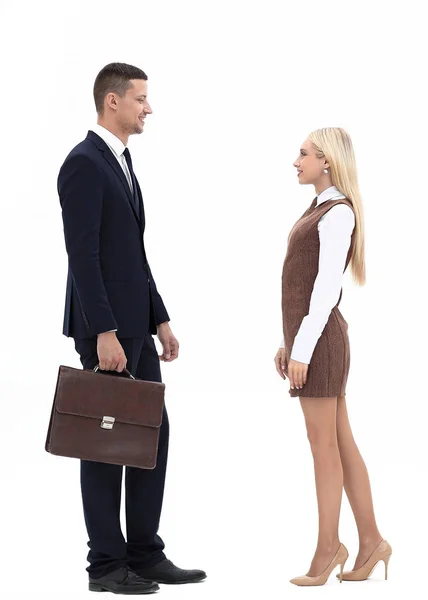Фото в полный рост. приветливый бизнесмен и молодая женщина ассистент — стоковое фото