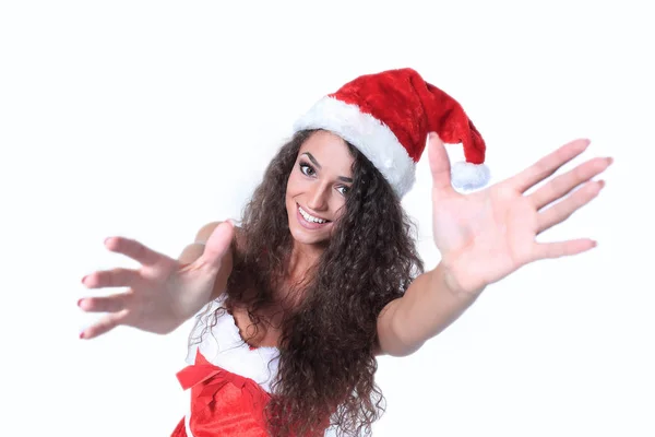 Mladá žena vánoční show bílé pozadí — Stock fotografie