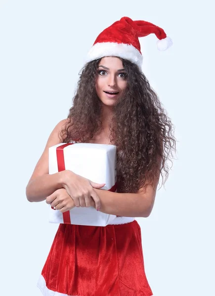Sehr schönes Weihnachtsmann-Mädchen mit Geschenkschachtel — Stockfoto