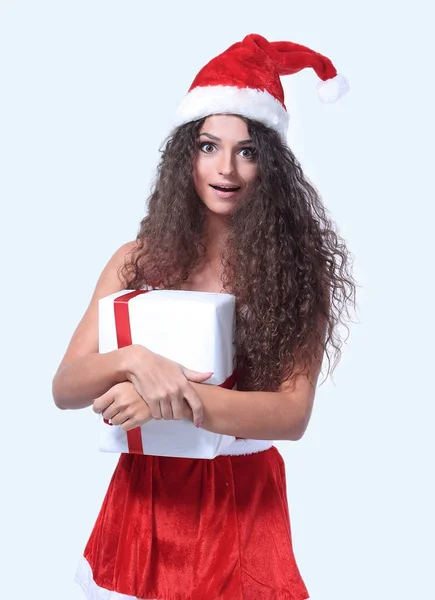 Muito bonito santa claus menina com caixa de presente — Fotografia de Stock