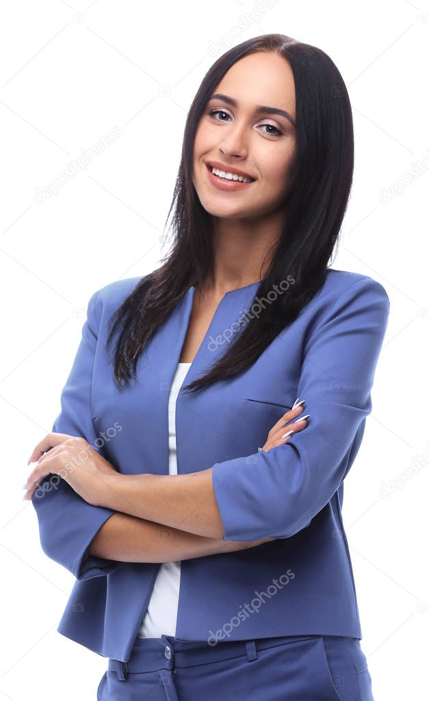 Portrait of young happy smiling businesswoman, isolated on white