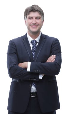 Kolları bağlı, kendinden emin bir iş adamı.