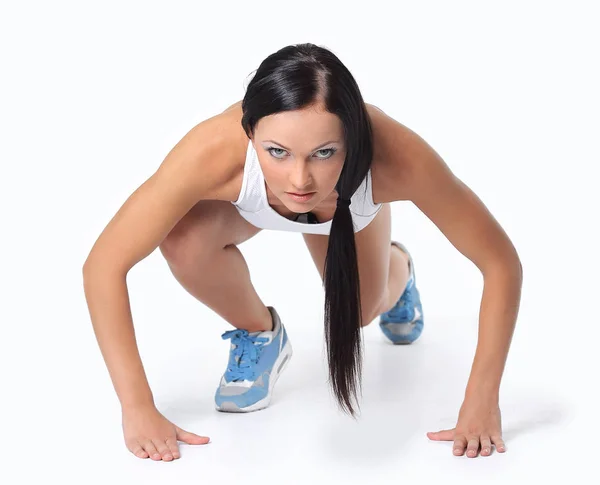 Mulher fitness atraente fazendo exercícios de ajuste cruzado de início baixo — Fotografia de Stock