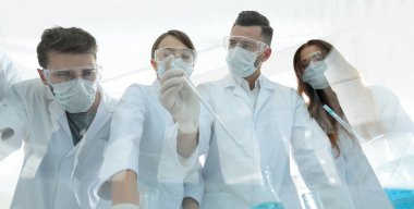 bilim adamları test tüpleri ve laboratuar mikroskobu ile çalışma